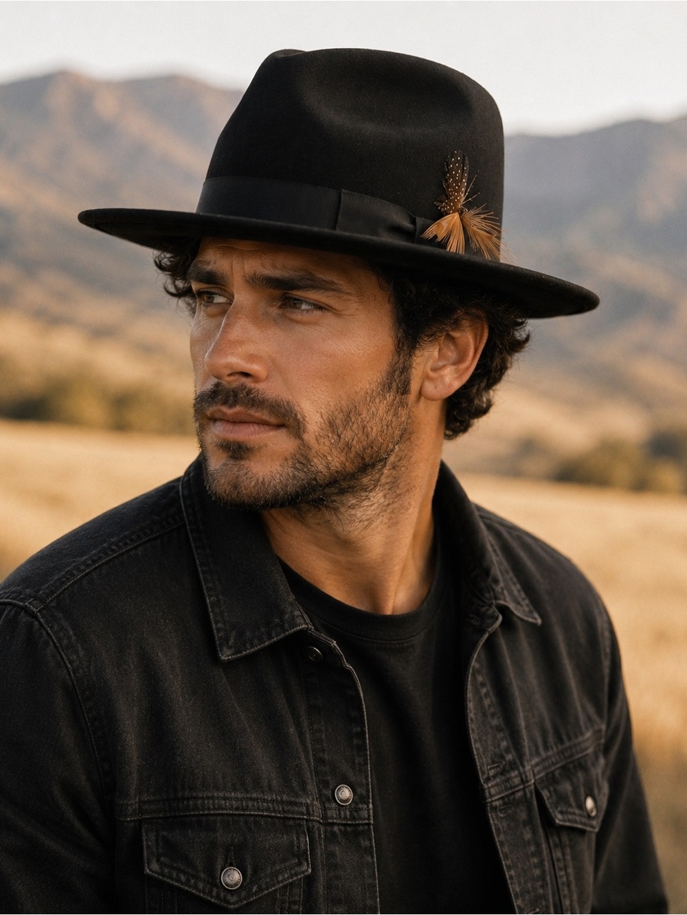 Selentino 100% Fur Felt Fedora Hat – Black – Feather Accent western country